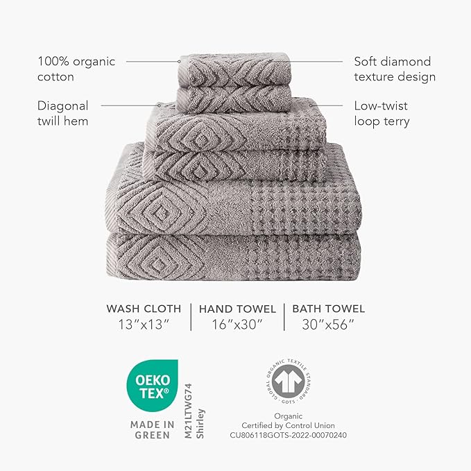 Texere 100% Organic Cotton Diamond Jacquard 700 GSM Luxury Bath Towel Sets - Ultra Soft and Absorbent Hotel and Spa Quality (Diamond, Cream, 2 Bath Towels)