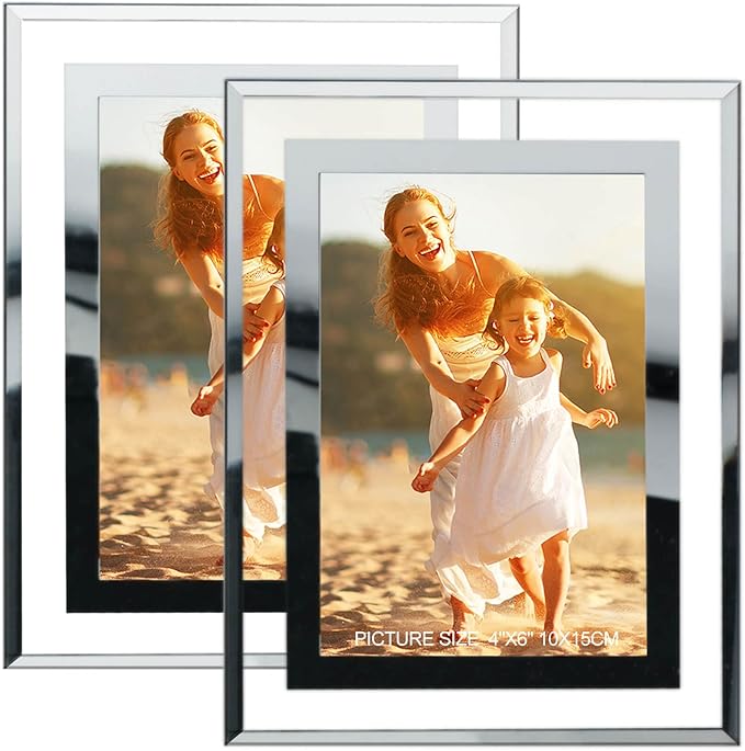 4x6 Picture Frames Silver - Set of 2, HD Real Glass 4 by 6 Photo Frame Mirrored Edge for Tabletop Display, Wedding Birthday Christmas Day Gifts (4 x 6, Silver)