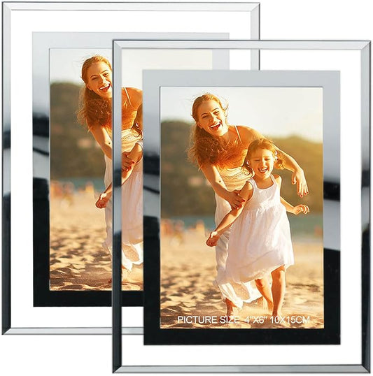 4x6 Picture Frames Silver - Set of 2, HD Real Glass 4 by 6 Photo Frame Mirrored Edge for Tabletop Display, Wedding Birthday Christmas Day Gifts (4 x 6, Silver)