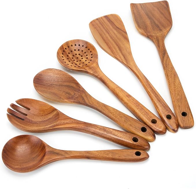 EZuncle 6 Piece Wooden Cooking Spoon Set - Ideal For Non-Stick Pans, Heat Resistant Solid Wood, Smooth Teak Cutlery For a Comfortable grip - Lightweight and Durable - Easy to Clean(6 PCS)