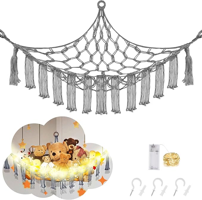 CERETIA Stuffed Animal Hammock with LED Light, Large Stuffed Animals Storage Corner Plushie Net for Kids Room Decor, Grey