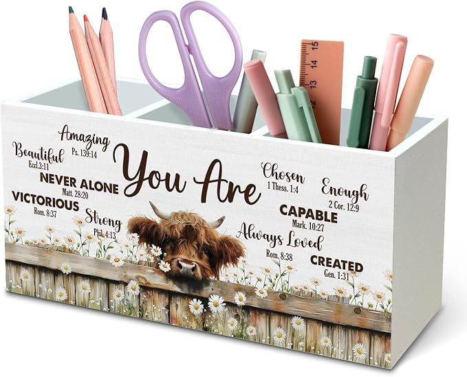 DILSJ Inspirational Highland Cow Pen Pencil Holder Organizer for Desk, Highland Cow Gifts for Women, Be Kind Be Brave Decor Wooden Box Signs for Home Office Desk Decoration Office & School Supplies