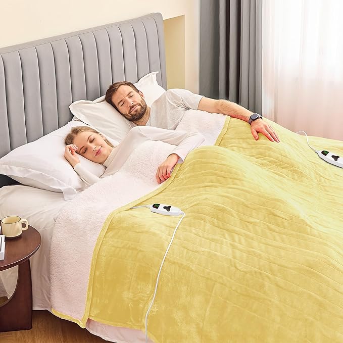 greenoak Heated Blanket Electric King Size 100"X90" Dual Control, Heating Blankets with 10 Levels 8 Hours Auto-Off, Soft Flannel Fluffy House Warming Gifts for Grandma Seniors Mom,Cream Yellow