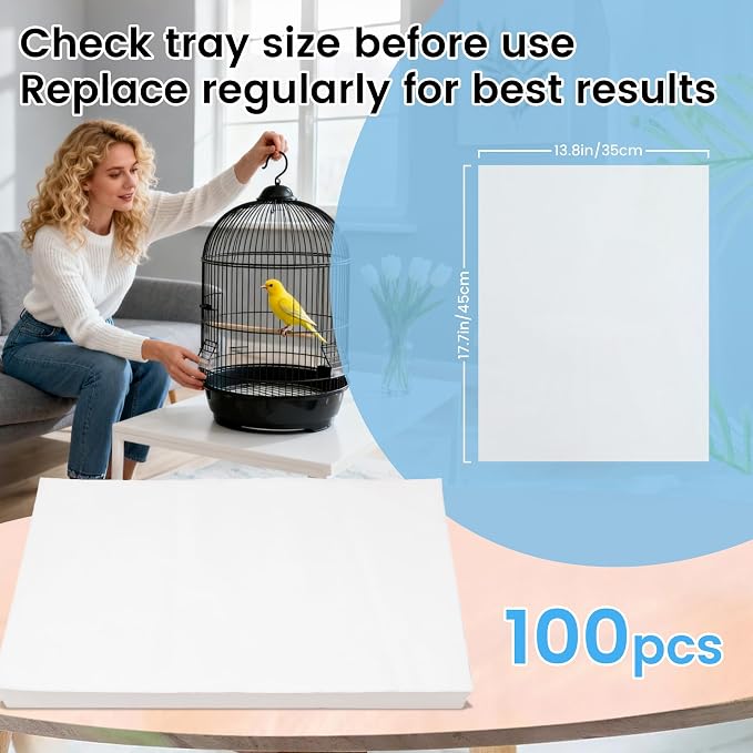 17.7x13.8in Bird Cage Liners,100 Sheets Pre-Cut Cage Tray Pads | Disposable Absorbent Non-woven Pads Absorb Moisture and Collect Feathers for Parrots, Cockatiels, Parakeets and Finches