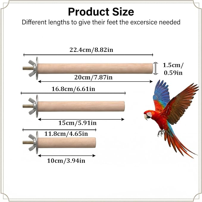3Pcs Wooden Bird Perch – Natural Parrot Perches Stand with 3 Different Widths (3.9, 5.9, 7.9in), Climbing Branch Rods for Cockatiels, Parakeets, Budgies, Cage Accessories & Toys