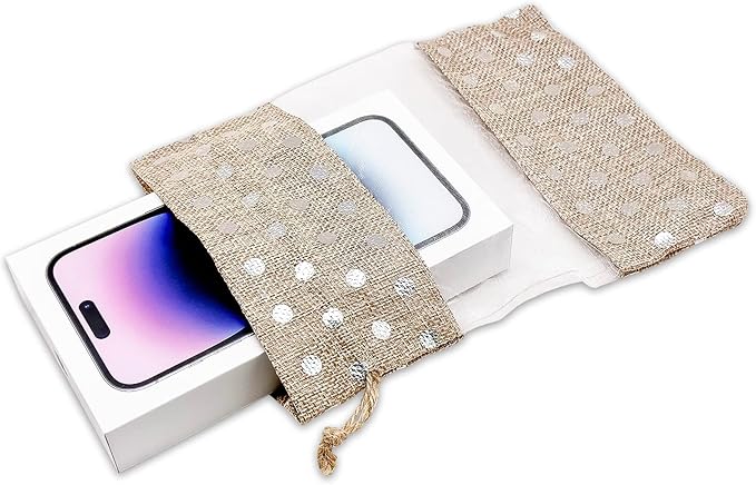 12-Pack Large Linen Burlap & Organza Gift Bags w. Drawstrings (6.5x8.5 in, Beige/Silver Polka) - Party Favors, Presents, Samples & Treats Mesh Pouch by The Display Guys