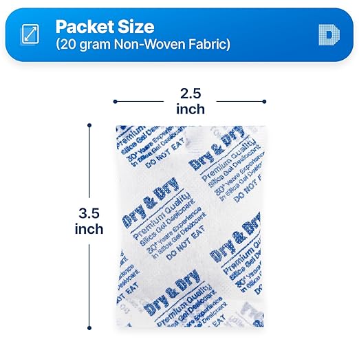 Dry & Dry 20 Gram [100 Packets] Silica Gel Packets Desiccants, Silica Packets - Rechargeable Silica Gel Packs, Moisture Absorbers, Desiccants Packets, Silica Gel
