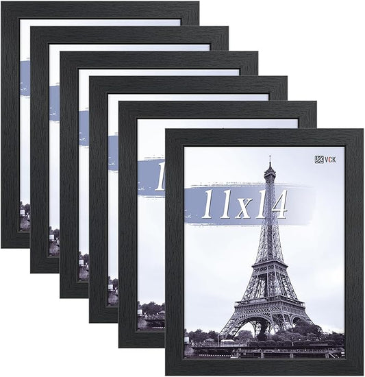VCK 11x14 Picture Frames Black Set of 6, Wide Border Wood Multi Certificate 11 x 14 Frame, Family Photos, Office Prints, Studio/Gallery Artwork, Woodgrain Series, Wall Hanging