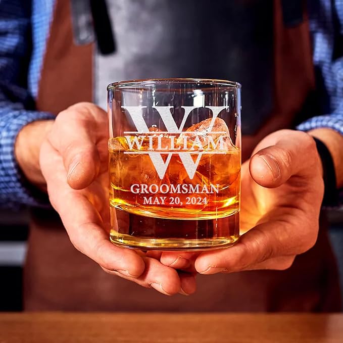 Personalized Groomsmen Gifts, Whiskey Glass 10 oz, Best Man Gift Custom Wedding Party Barware, Old Fashion Cup for Brandy Whiskey Beer for Men, Rocks Glasses for Dad, Husband (Style A)