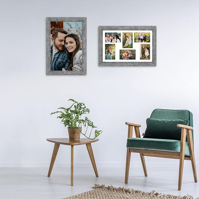 11x17 Picture Frame Display 6 picture frame collage 4x6,Multi Photo Frame with Mat,Plexiglass,Wall Mount Decor,Grey Wood Grain