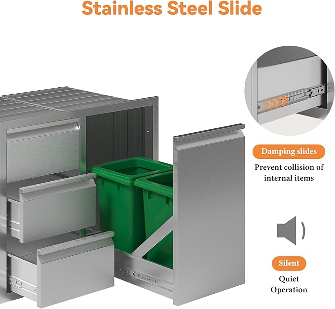 Jocisland 28" W×20" D×23" H Stainless Steel Outdoor Kitchen Drawers, Single Trash Drawer with Door & 3-Drawer Cabinet, Built-in BBQ Island Storage for Outdoor Kitchens