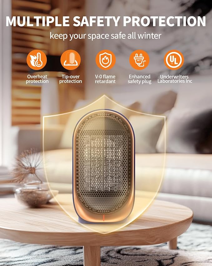 Space Heater, Portable Small Heaters for Indoor Use, Electric Desk Heater with Overheat and Tip-Over Protection, Mini Personal Heaters for Home Office Workspace, Blue
