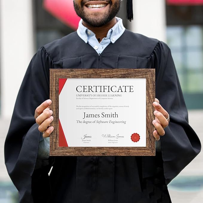 8.5 x 11 Picture Frame Set of 4, Made of Real Glass and Brown Certificate & Diploma Frame, 8.5 by 11 Photo for Wall or Tabletop - Display Picture 6x8 with Mat or 8.5x11 Without Mat