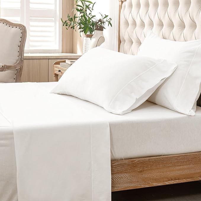 PURE ERA Jersey Knit 4pc Bed Sheet Set 100% T-Shirt Cotton Super Soft Comfy Breathable Fits Mattress Up to 20" Extra Deep Pocket (Solid Bright White, King)