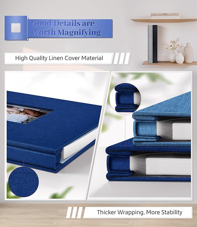 Photo Album Self Adhesive Scrapbook Album for 3x5 4x6 5x7 8x10 Pictures,60 Pages Linen Cover with Display Window DIY Photo Book,Ideal Gifts for Family Travel Wedding Baby