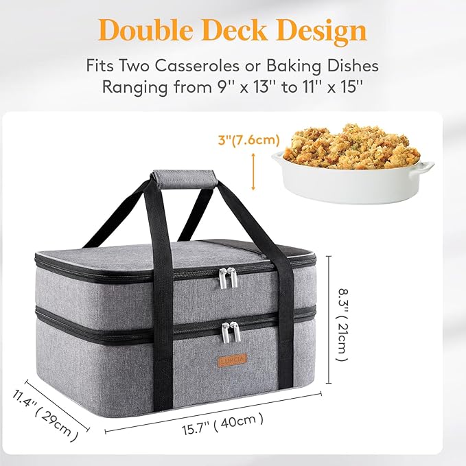 LUNCIA Insulated Double Decker Casserole Carrier, Lasagna Lugger Tote Keeps Food Hot or Cold, Thermal Lunch Bag for Potluck Parties, Picnic and Cookouts, Fits 9" x 13" Baking Dish, Grey