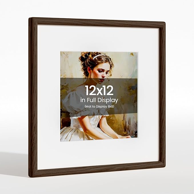 12x12 Picture Frame Natural Oak Wood From California-USA Walnut Color Finished Handcrafted 12 x 12 Photo Frame Matted to 8x8 Photo with Real Tempered Glass,for Family,Graduation Display Table & Wall