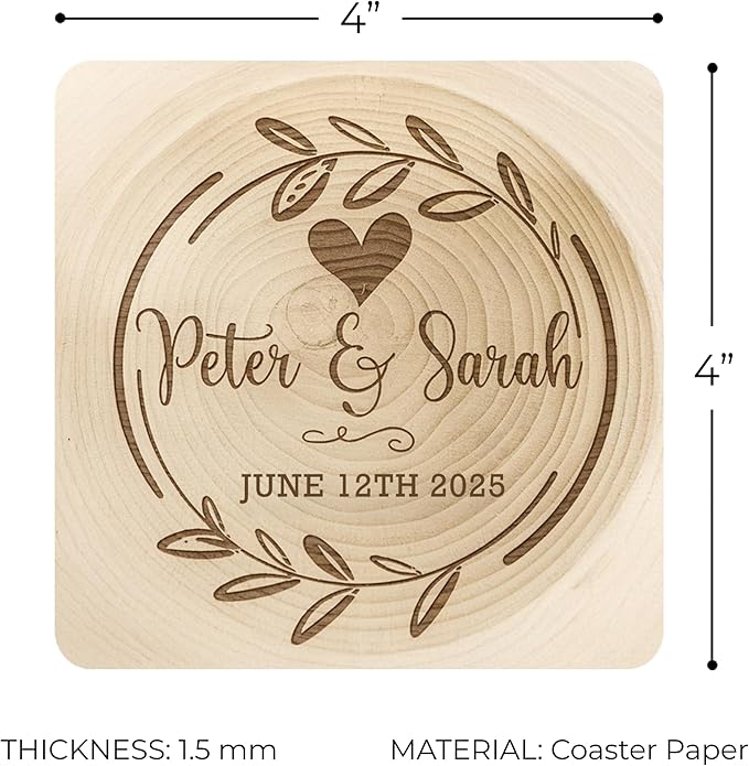 40 Pack Personalized Wedding Coasters, Custom Cardboard Coasters for Drinks with Photo Print and Text, Keepsake Wedding Favors and Gifts for Couples, 4x4 Square, Design 1