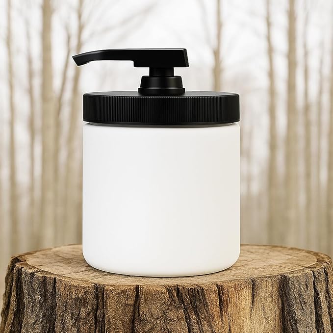 Royal Massage 16oz Refillable Pump Jar with Locking Dip Tube Dispenser – BPA-Free Plastic Container for Massage Oils, Lotions, Creams – Ribbed Lid Wide-Mouth Jar – Durable & Reusable (White/Black, 12)