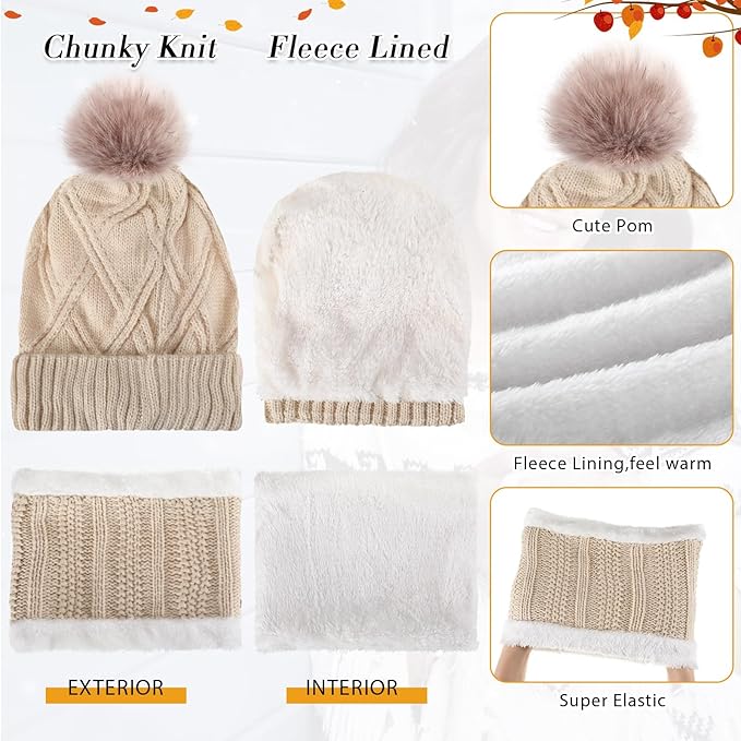 SATINIOR 5 Pcs Winter Hat Scarf Gloves Set Fleece Warm Lined Knit Beanie Hat Touch Screen Earmuff Gloves Warmer for Women(Beige,Stylish Style)