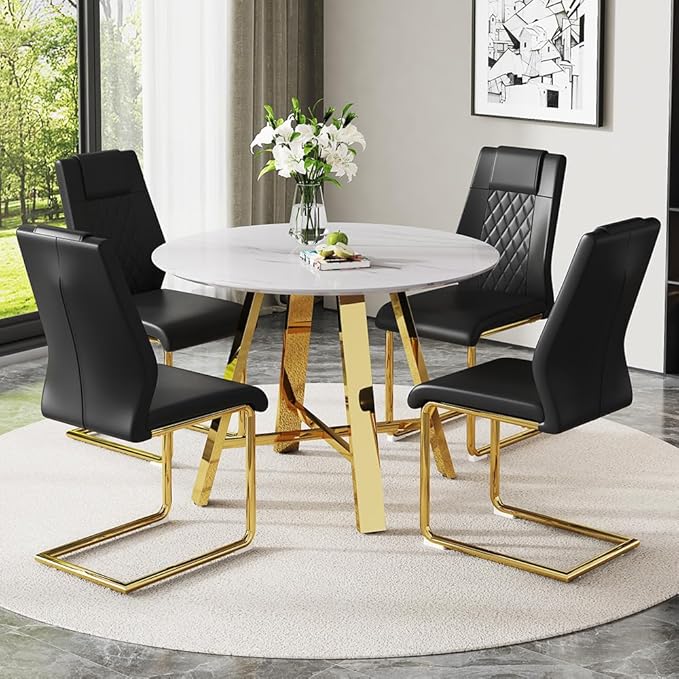 Round Dining Table Set for 4, Modern Kitchen Dining Table Chairs Set for 4, 42" Faux Marble Dining Room Table Set & 4 PU Leather Chairs for Kitchen Living Office Cafe Small Space