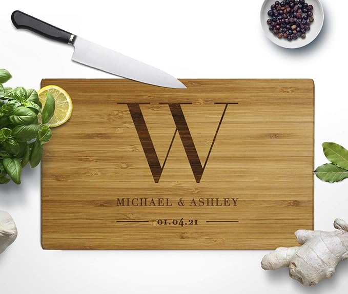 Andaz Press Personalized Laser Engraved Small Bamboo Wood Cutting Board, 9.5 x 6-inch, Monogram with Names and Date, Custom
