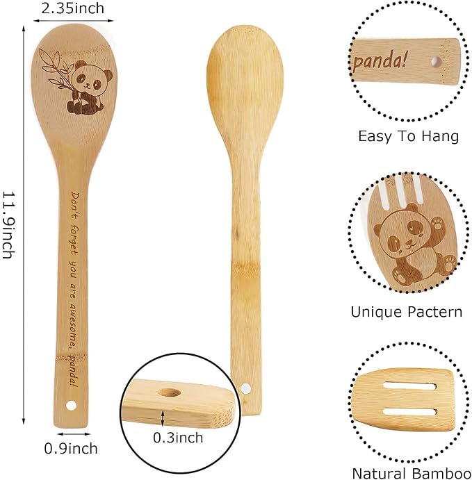 5PCS Panda Wooden Cooking Spoons Set Bamboo Cooking Spoons | Panda Kitchen Decor Housewarming Wedding Anniversary Thanksgiving Christmas for Mom Women Animal Lovers