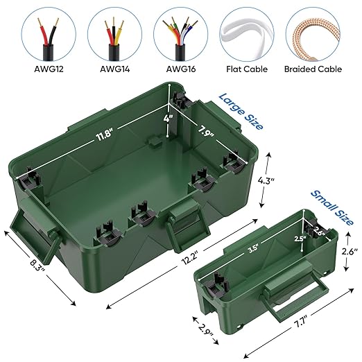 TICONN Outdoor Electrical Box, IP54 Splash-Proof Outdoor Extension Cord Cover, Protects Power Strip, Plug, Socket, Timer, Holiday Lights (Green, Large) (Pack of 2)