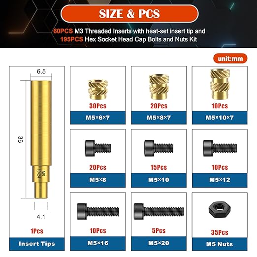 156Pcs M5 Threaded Inserts with Heat Set Insert Tips & Hex Socket Head Cap Bolt Set, Brass Heat Set Insert for Plastic and 3D Printing Components