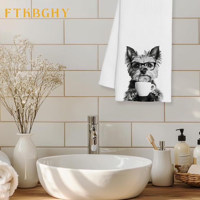 Funny Yorkshire Terrier Coffee Kitchen Towels, Yorkshire Terrier Gifts, Yorkie Gifts for Women Decorative Dish Hand Tea Towels for Kitchen Coffee Bar Decor, 16x24 Inch