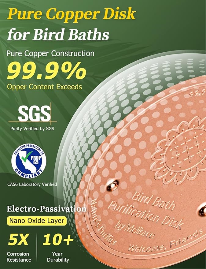 Mellbree 3-Pack Bird Bath Copper Disk, 0.6mm Reinforced 99.99% Pure Copper Cleaning Disk with Triple-Point Support for Physical Safe Clean Water All-Season (Sunflower)