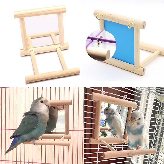 Bird Mirror Parakeet Mirror Perch Stand Wooden Swing Mirror Toy Cage Accessories for Cockatiel Parakeet Budgie Lovebird Small Parrots