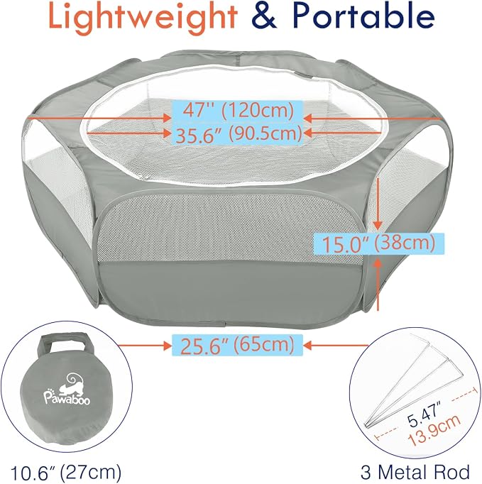Pawaboo Small Animal Playpen with Zippered Cover,Light Gray | Portable pop-up pet tent for supervised rabbits, guinea pigs, chicks and kittens; water-resistant bottom and 3 metal rods