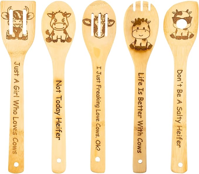5PCS Cow Wooden Cooking Spoons Set Bamboo Cooking Spoons | Cow Kitchen Decor Housewarming Wedding Anniversary Thanksgiving Christmas for Mom Women Animal Lovers
