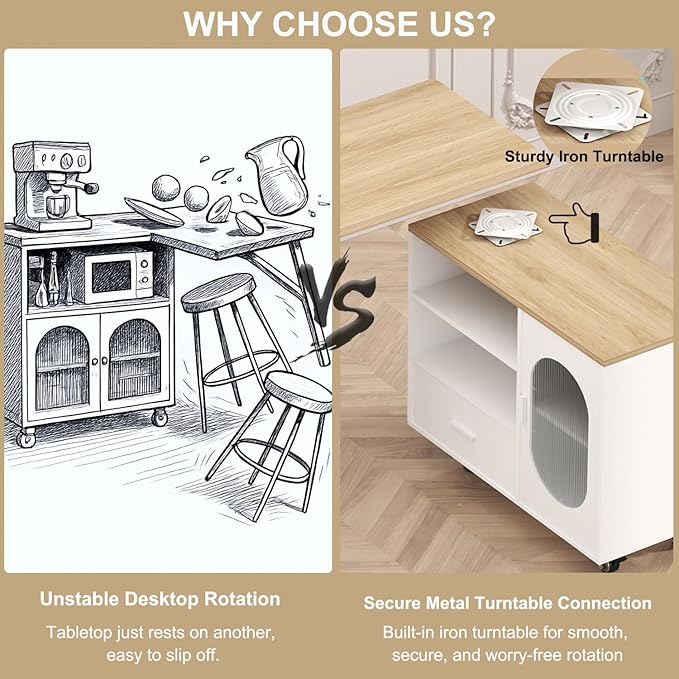 HSH 72.4” Rolling Kitchen Island with Swivel Table, Storage Cabinet, Drawers & Shelves, White Modern Mobile Island Cart on Wheels, Farmhouse Wood Island Table for Kitchen, Dining Room, Home Bar