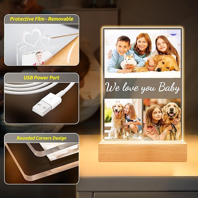 Custom Collage Picture Frames with Photo, Personalized Photo Frame with Night Light, Personalized Picture Frame, Customized Christmas Birthday Gifts for Baby Kids Girls Boys Pet Friends Family