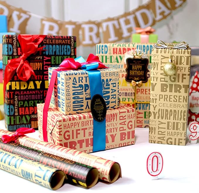 MAMUNU 10 Sheets Birthday Wrapping Paper, Colorful Happy Birthday Kraft Gift Wrapping Paper for Men Women Girls Boys, Recycled Brown Gift Wrap Paper Set with Tags Stickers, 20 x 28Inch