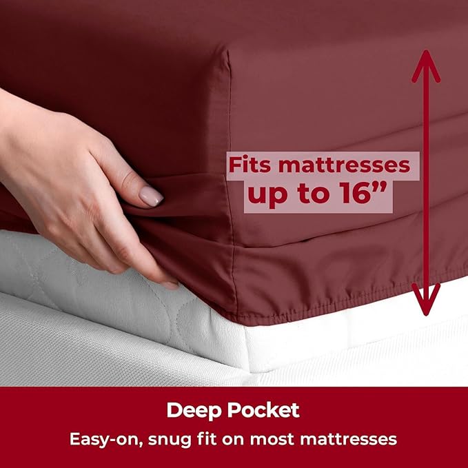 Mellanni Split King Sheets Set - 5 PC Iconic Collection Bedding - Hotel Luxury, Extra Soft, Cooling Bed Sheets - Wrinkle, Fade, Stain Resistant (Split King, Burgundy)