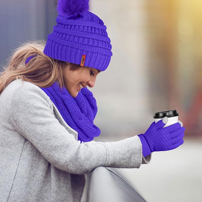 Aneco Womens Winter Warm Sets Knitted Fur Pompoms Beanie Hat Circle Loop Scarf Touch Screen Gloves Winter Favor Accessories