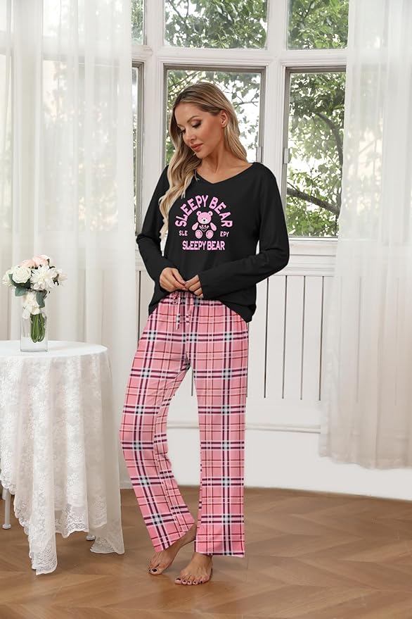 Ekouaer Womens 2 Pack Pajama Set Long Sleeve Pajamas Top and Pants V Neck Pjs Set Soft Loungewear with Pockets