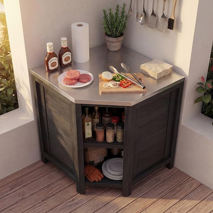 MOUMON Corner Patio Kitchen Storage Cabinet with Stainless Steel Countertop, Solid Cedar Patio Prep Table for Grilling, Outdoor Cooking Station, Dark Grey 35.4”W x 35.4”D x 37.4”H