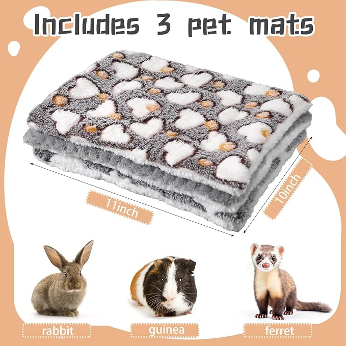 Jetec 3 Pcs Guinea Pig Beds, Fleece Small Animal Mats, Pineapple Grid, Gray | 10 x 11 in Soft Double Sided Fleece Pad for Rabbit, Hamster, Chinchilla, Rat, Warm Hideout, Cozy Small Animal Cage Bed