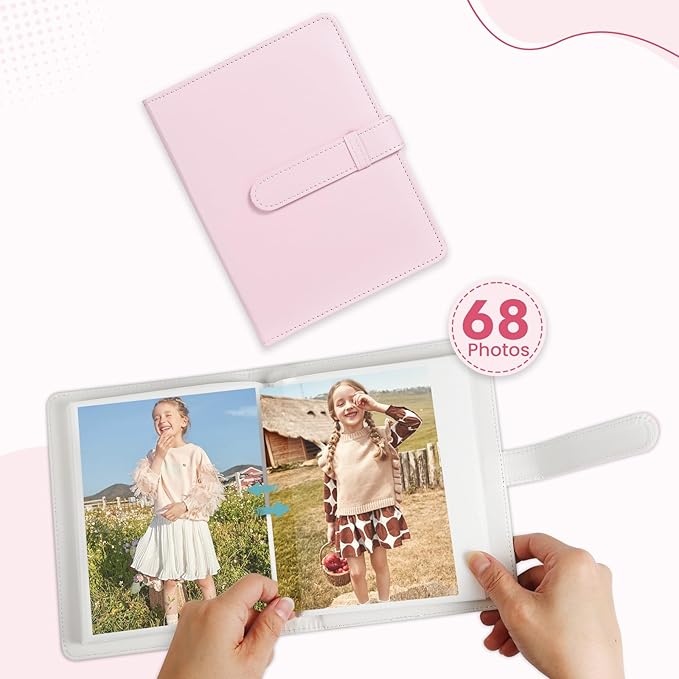 Lifting Photo Album 4x6 with 68 Pockets，Premium Vegan Leather Cover Small Photo Album Book，Mini Picture Album for Family Birthday Anniversary Baby Vacations (Pink)