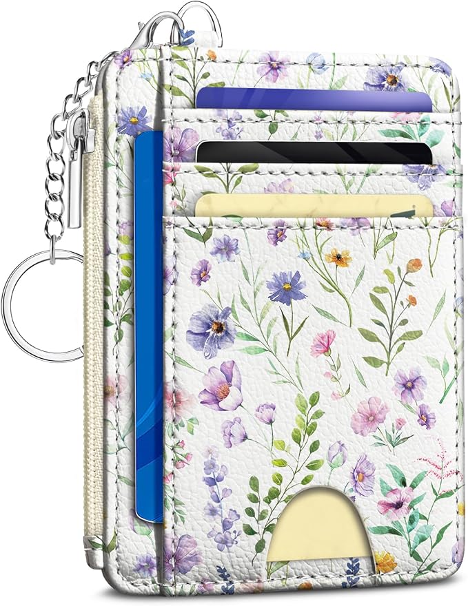 Kelvoris Credit Card Holder Small Wallet Women, Slim RFID, Flowers | Keychain, Zipper Coin Pocket, Front Pocket Thin Travel Card Case, Minimalist, 6 Card Slots, 1 ID Window, Ladies Gifts Woman