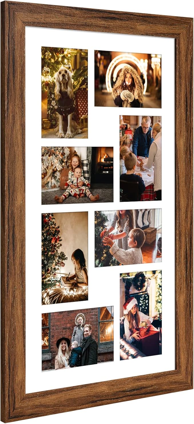 11.8x21.8 Picture Frame Display 8 opening 4X6 Picture Frame Collage,Multi Photo Frame with Mat,Plexiglass,Wall or Tabletop Decor,Carbonized Brown Wood Grain