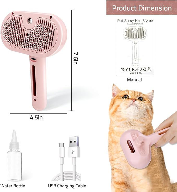 Bunny Ferret Steam Brush Release Button Self Cleaning Spray Comb for Long and Short Hair Cats Rechargeable Steaming Cat Grooming Brush Steamer to Remove Loose Hair (Pink)