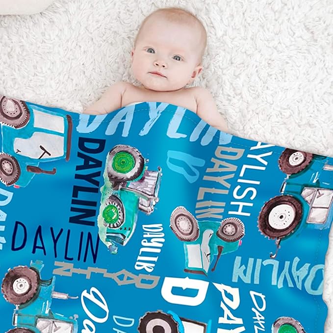 Personalized Tractors Blanket - Custom Name with Farm Tractor Trucks Design - Soft Plush Flannel Bed Blanket for Baby Kid Teen Boys Girls Customized Gifts Blue