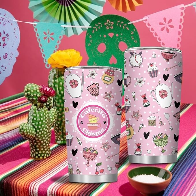 Mexican Gifts, 20oz Stainless Steel Cafecito Y Chisme Tumbler, Mexico Tumbler, Mexico Mom Presents, Thanksgiving Christmas Birthday Gift for Women, Mexican Cup with Straw & Lid, 1 PCS