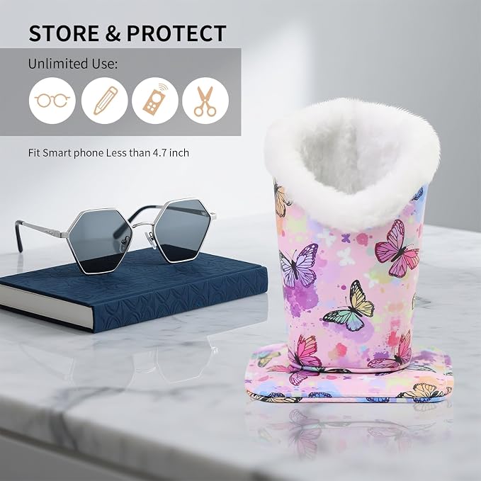 Plush Lined Eyeglasses Holder, Cute Magnetic PU Leather Glasses Stand Case for Women Men Kids