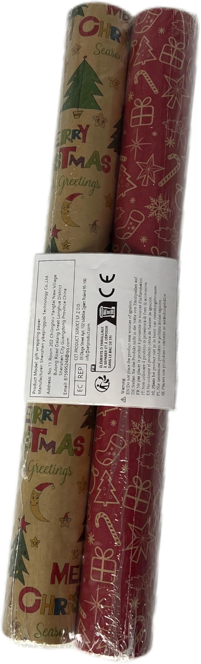 AhfuLife 2 Rolls Christmas Wrapping Paper - 17 Inch × 49.2 Ft Per Roll, Recyclable Red Kraft Xmas Wrapping Paper for Christmas Gift Box Decoration